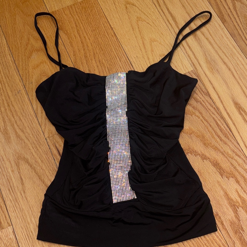 Black Rhinestone-Embellished Spaghetti Strap Top